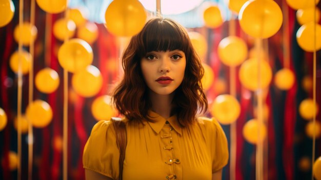 A woman standing in front of yellow balloons