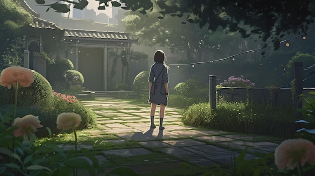 Premium AI Image | Woman standing in garden digital art illustration ...