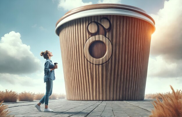 Foto una donna in piedi accanto a una tazza di caffè gigante