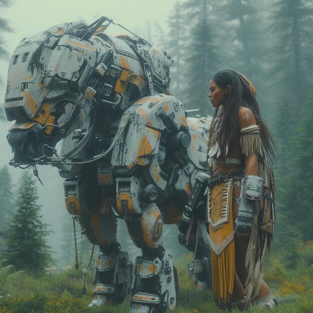 a woman standing next to a giant robot in a field