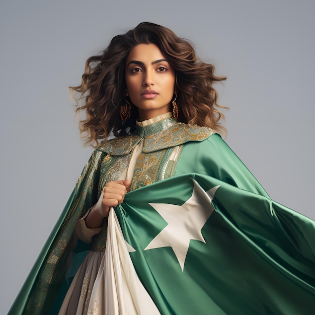 Женщина, стоящая в зеленом, одетая на флаге Пакистана.
