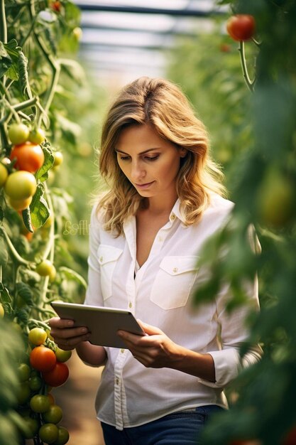 a woman standing in a greenhouse looking at a tablet