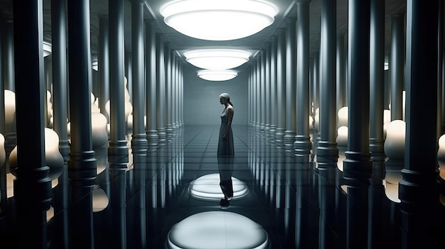 A woman standing in a hallway with lights Generative AI Art