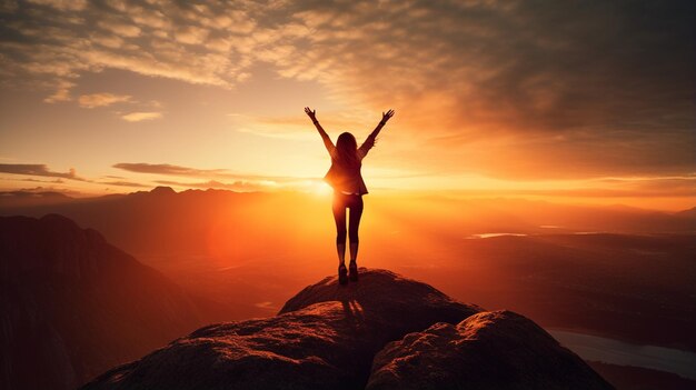 Фото Женщина стоит на вершине горы и поднимает руки на закате.