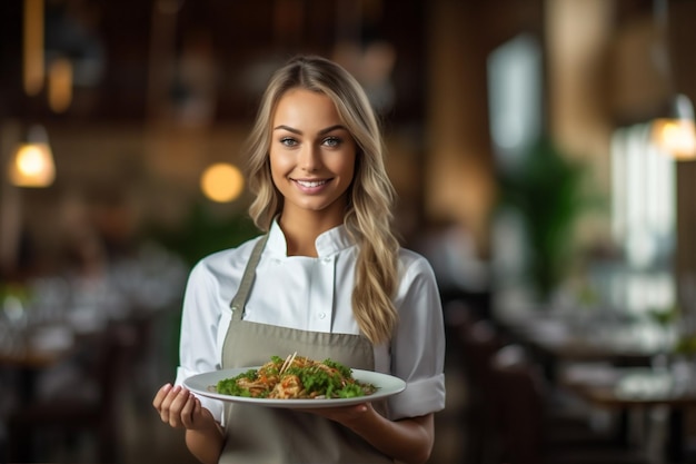 屋内で女性の肖像画の食べ物を保持している女性立っている仕事笑顔レストラン ウェイター生成 AI