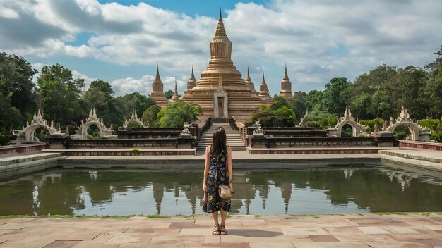 Woman standing at khao na nai luang dharma park in surat thani thailand