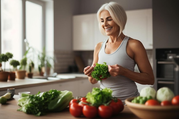 a woman standing in a kitchen holding a bunch of lettuce