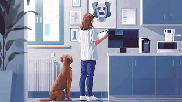 Photo woman standing in kitchen with dog generative ai