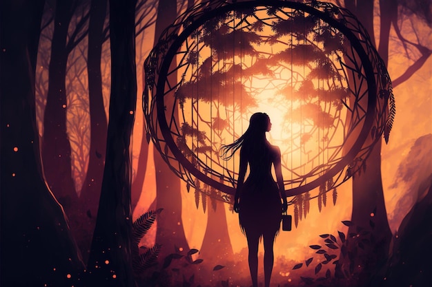 Woman standing and looking at the dreamcatcher hanging from the trees in the mysterious forest digital art style illustration painting fantasy illustration of a woman looking dreamcatcher