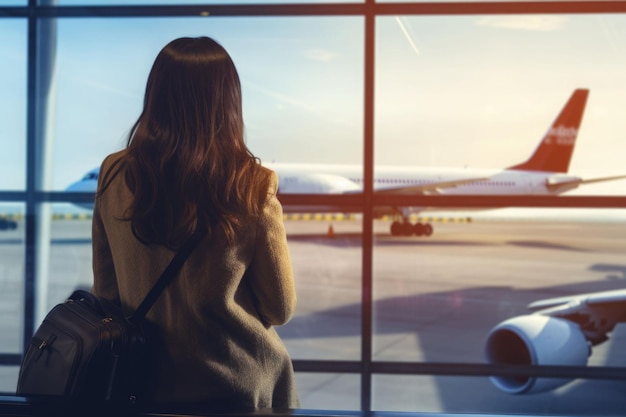 Женщина, стоящая в гостиной с багажем, смотрит в окно аэропорта во время ожидания на бортовых воротах перед отъездом
