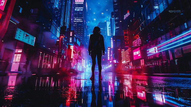 A woman standing in the middle of a busy city street at night The city is full of bright lights and tall buildings