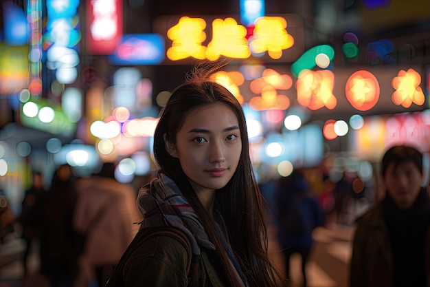 A woman standing in the middle of a city at night