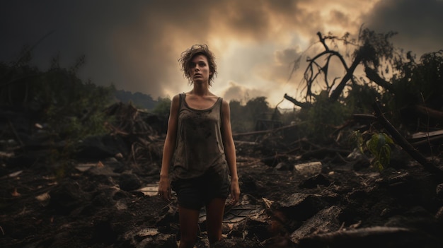 a woman standing in the middle of a destroyed area