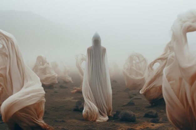 a woman standing in the middle of a foggy field