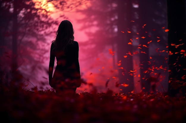 a woman standing in the middle of a forest at sunset