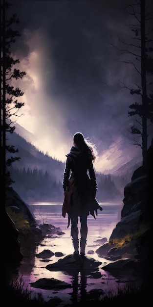 Женщина, стоящая посреди озера с горами на заднем плане Генеративный ИИ