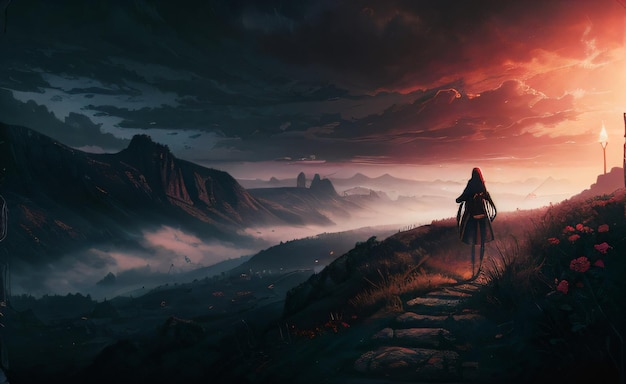 a woman standing on a mountain looking at a sunset