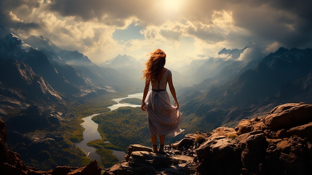 a woman standing on a mountain with her arms outstretched