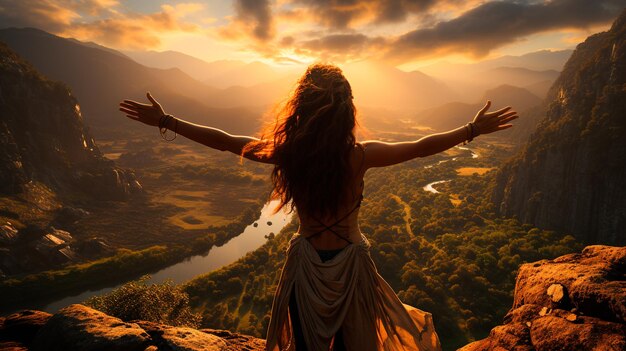 a woman standing on a mountain with her arms outstretched