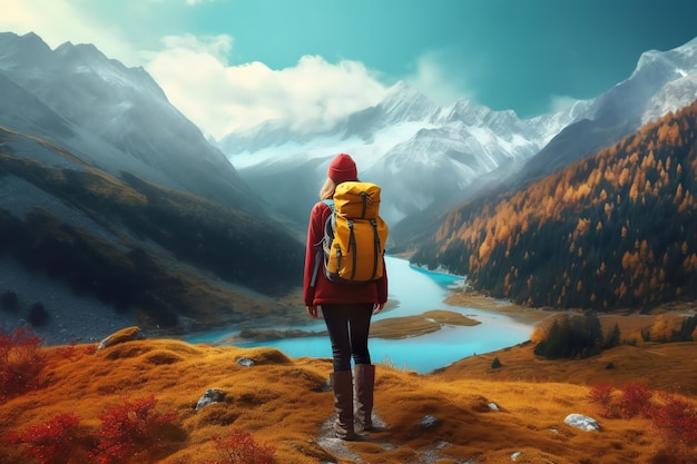 A woman standing on a mountain with a yellow backpack