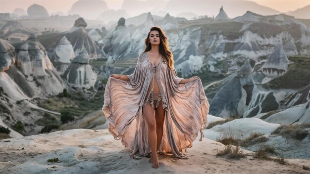 Photo woman standing on mountains in cappadocia turkey