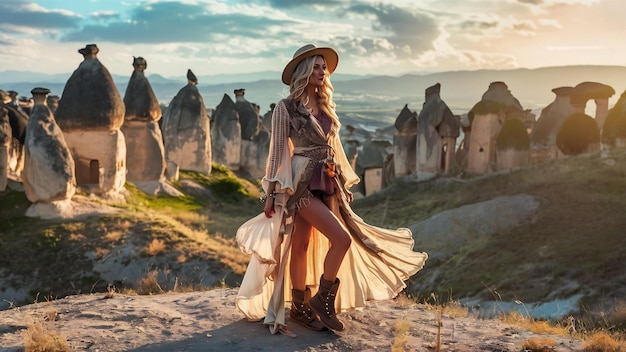 Photo woman standing on mountains in cappadocia turkey