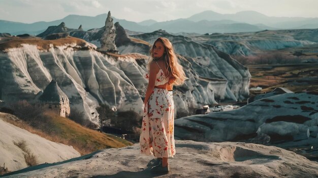 Photo woman standing on mountains in cappadocia turkey