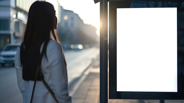 Photo woman standing near blank advertising lightbox on the bus stop mock up generative ai