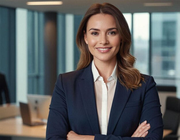 a woman standing in an office with her arms crossed