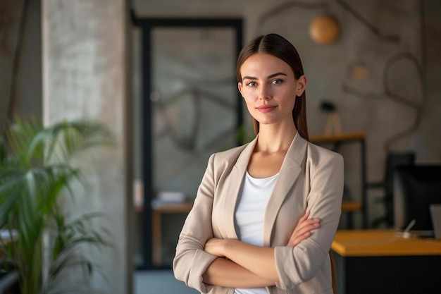 a woman standing in an office with her arms crossed