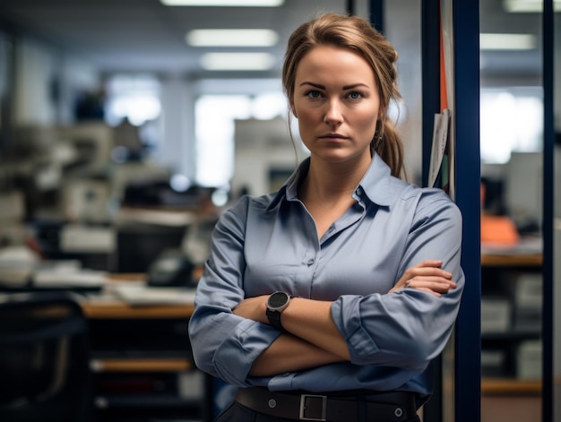 a woman standing in an office with her arms crossed