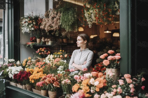 Woman standing outside a flower shop