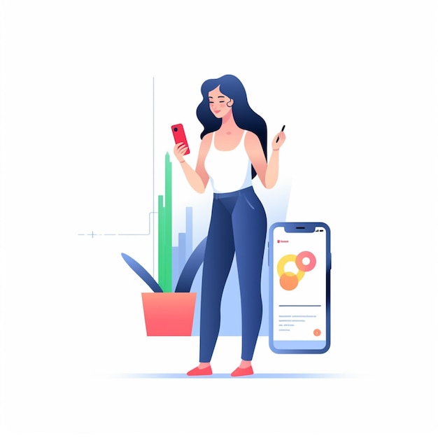 Photo a woman standing next to a plant and a phone generative ai