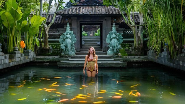 Photo woman standing in pond with colorful fish at tirta gangga water palace in bali indonesia