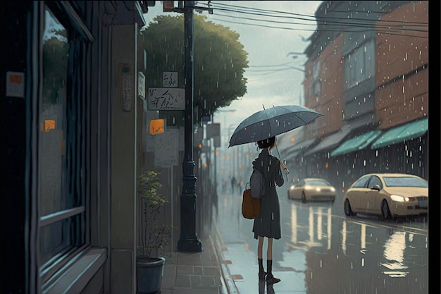 Woman standing in the rain holding an umbrella generative ai