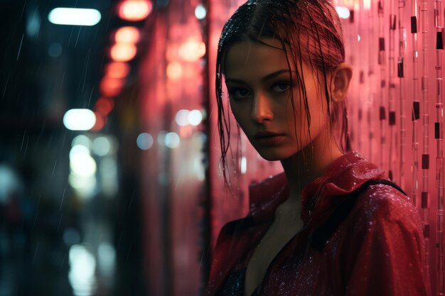 a woman standing in the rain with red lights