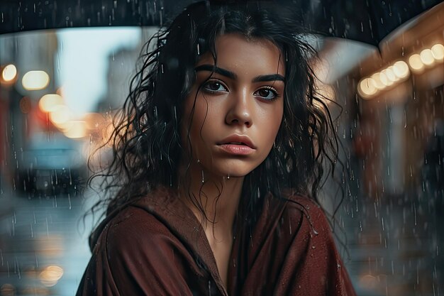 A woman standing in the rain with an umbrella