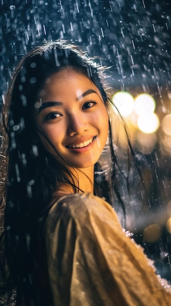 A woman standing in the rain with the word love on her face