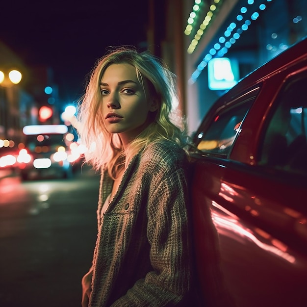 A woman standing next to a red car in the street.