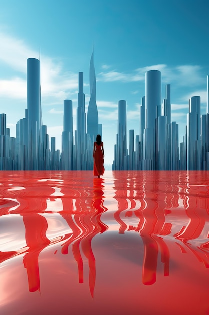 a woman standing in a red dress in a city