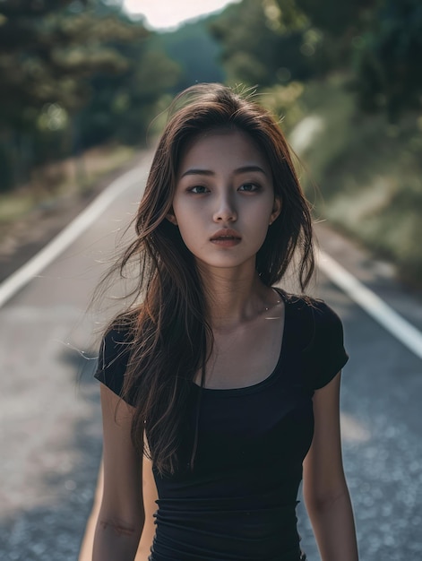 a woman standing on a road