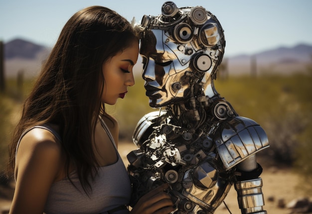 Photo woman standing next to robot in the desert