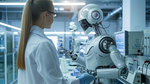 Женщина стоит рядом с роботом на фабрике
