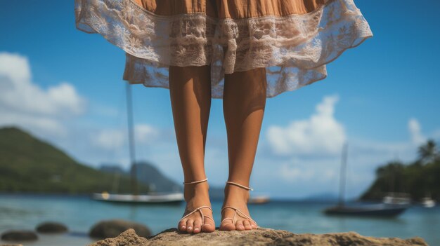 Foto donna in piedi su una roccia vicino all'oceano