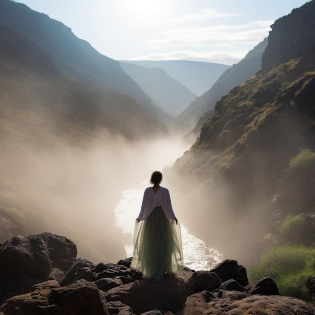 Woman standing on a rock in front of a canyon