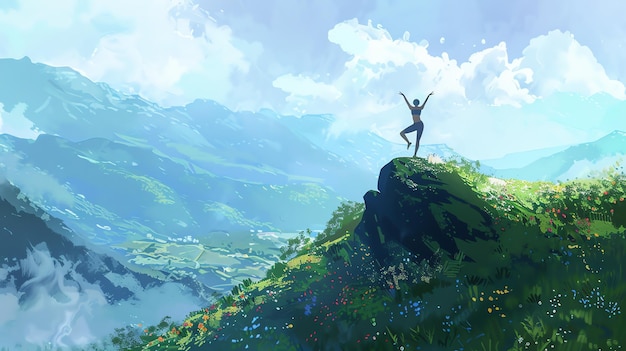 A woman standing on a rock with her arms in the air surrounded by a beautiful mountain landscape