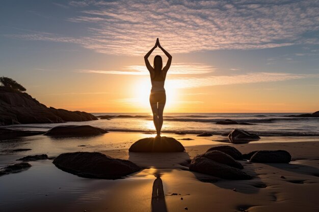 Woman standing on a rocky outcrop overlooking the ocean Generative AI