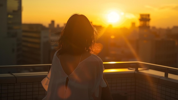 A woman standing on a rooftop watching the sunset The sun is setting behind a city skyline