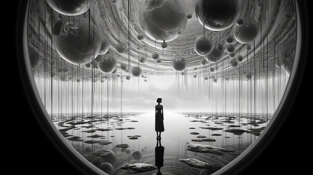 A woman standing in a room with balls from the ceiling Generative AI Art