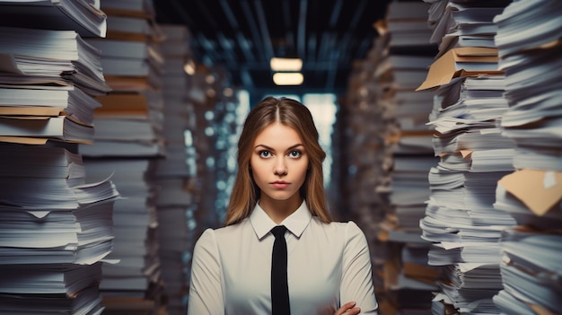 woman standing in a room with files
